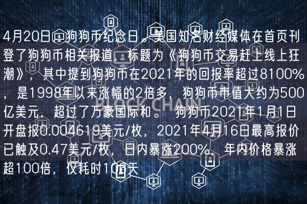 4月20日，狗狗币纪念日。美国知名财经媒体在首页刊登了狗狗币相关报道，标题为《狗狗币交易赶上线上狂潮》，其中提到狗狗币在2021年的回报率超过8100%，是1998年以来涨幅的2倍多，狗狗币市值大约为